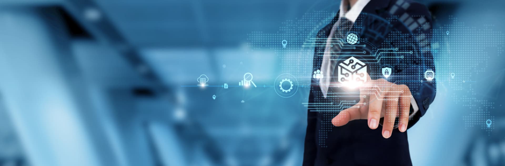 Blockchain Technology: Businessman touching the Blockchain icon and global technological Networking. Decentralization, Transparency, Security.