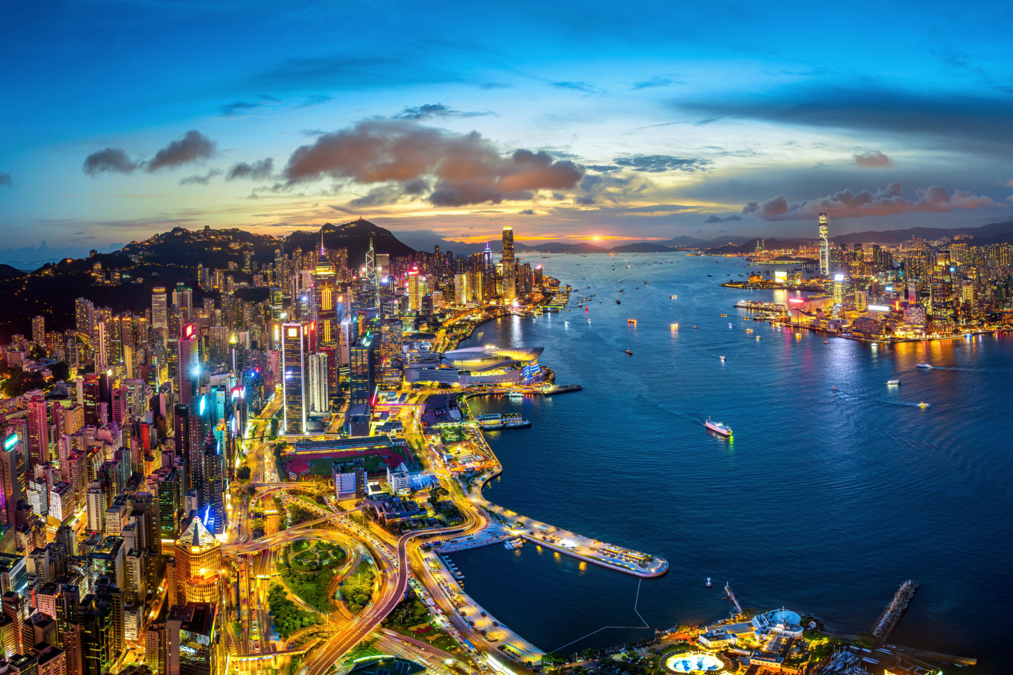 Aerial view of Traffic at twilight in Hong Kong.